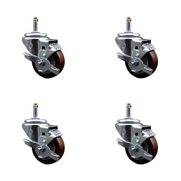 Service Caster 3'' Maroon Poly Swivel 7/16'' Grip Ring Stem Caster Set with Brake, 4PK SCC-GR20S314-PPUB-MRN-TLB-716138-4 - main